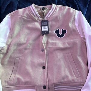 True Religion Travertine and Winter White Varsity Jacket